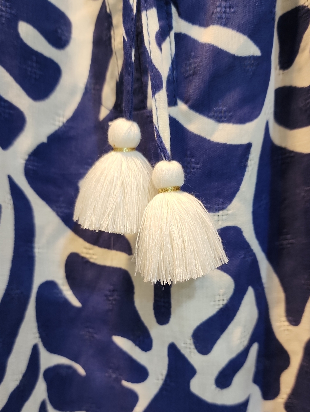 Rose & Olive Navy and White Tropical Tassel Peasant Blouse - Picture 3 of 5